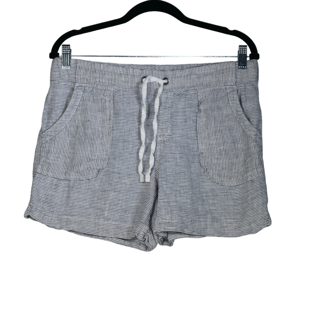 Athleta Shorts Women Size 10 Blue White Striped 100% Linen Pockets Nautical
